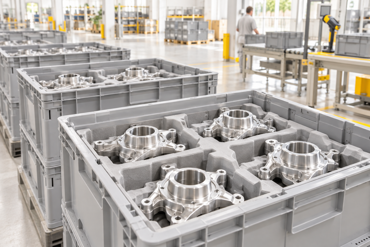 Concept illustration of reusable industrial bins protecting precision automotive components